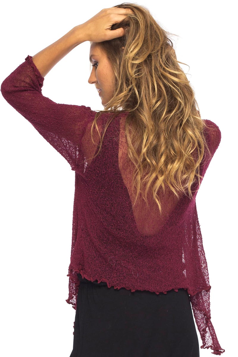 Back From Bali Womens Lightweight Knit Cardigan Shrug Lite Sheer Maroon - Image 2